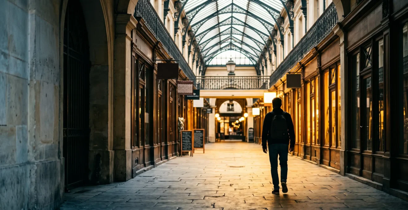 Un visiteur avance dans un passage couvert parisien baigné de lumière, symbolisant l'engagement au-delà du premier clic et la réduction du taux de rebond