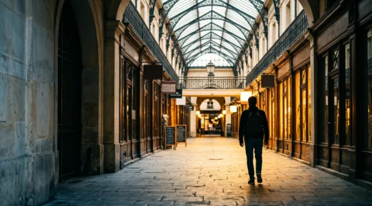 Un visiteur avance dans un passage couvert parisien baigné de lumière, symbolisant l'engagement au-delà du premier clic et la réduction du taux de rebond