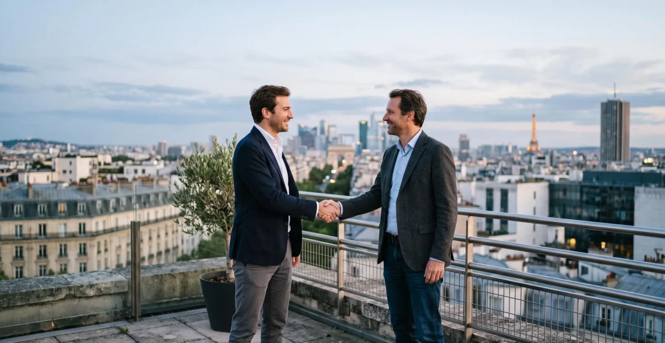 Deux professionnels se serrant la main devant un immeuble parisien en verre, symbolisant un partenariat stratégique gagnant-gagnant