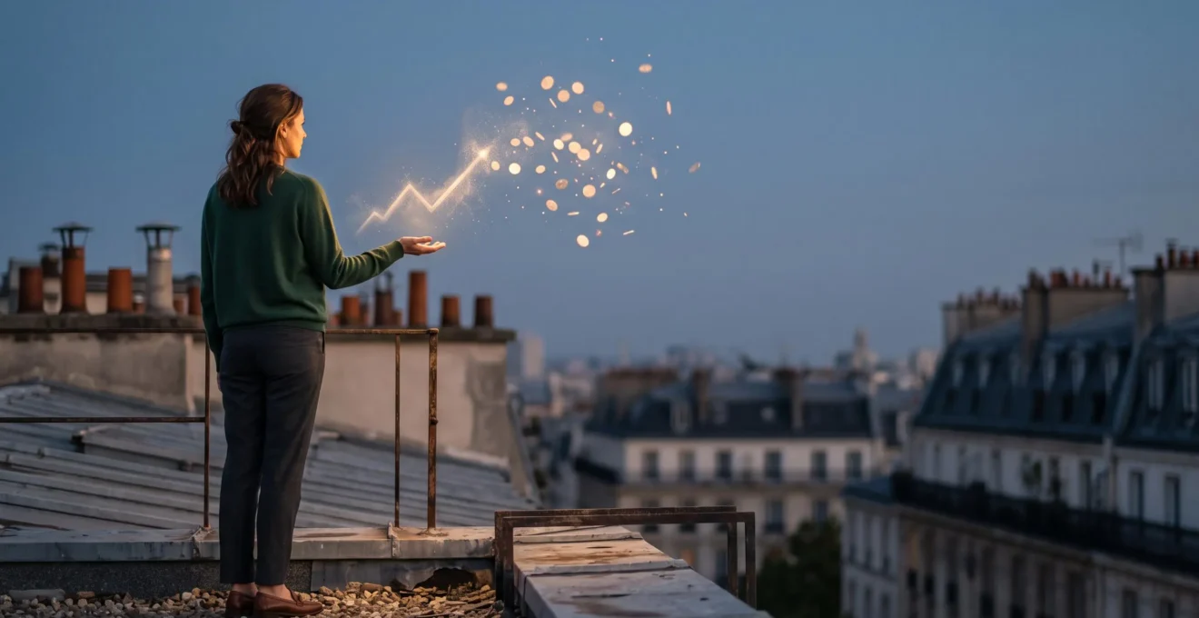 Silhouette professionnelle sur un toit parisien observant une courbe de croissance lumineuse se transformant en pièces dorées, symbole de la preuve financière du SEO