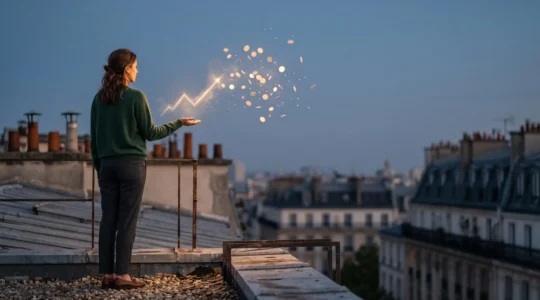 Silhouette professionnelle sur un toit parisien observant une courbe de croissance lumineuse se transformant en pièces dorées, symbole de la preuve financière du SEO