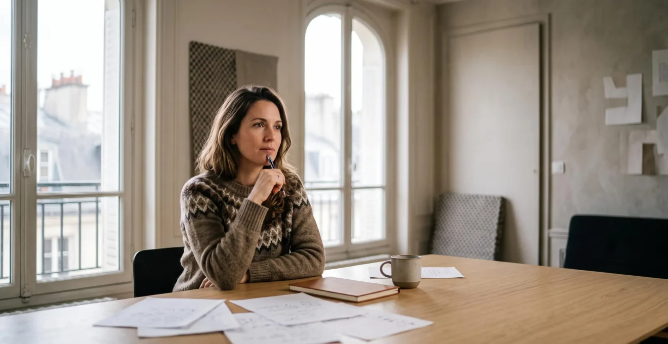 Un redacteur francais concentre travaillant sur un contenu editorial dans un bureau lumineux inspire de l'architecture parisienne