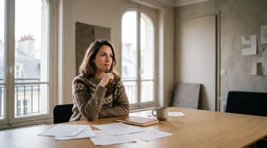 Un redacteur francais concentre travaillant sur un contenu editorial dans un bureau lumineux inspire de l'architecture parisienne