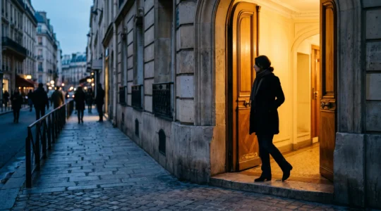 Seuil de porte parisien symbolisant la décision d'un visiteur de rester ou de quitter un site web, illustrant la réduction du taux de rebond