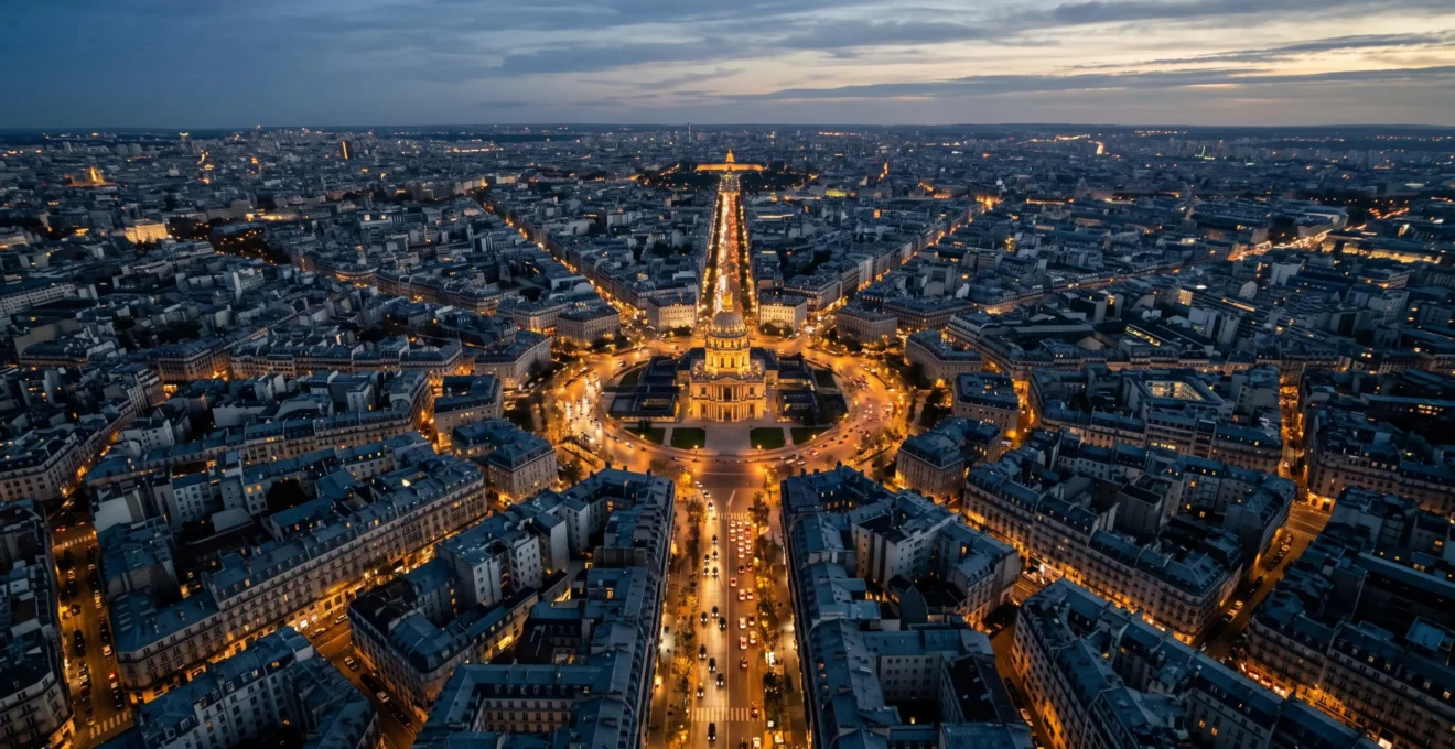 Vue aérienne symbolique d'un réseau de routes urbaines françaises convergeant vers quelques bâtiments stratégiques illuminés, représentant la restructuration des liens internes