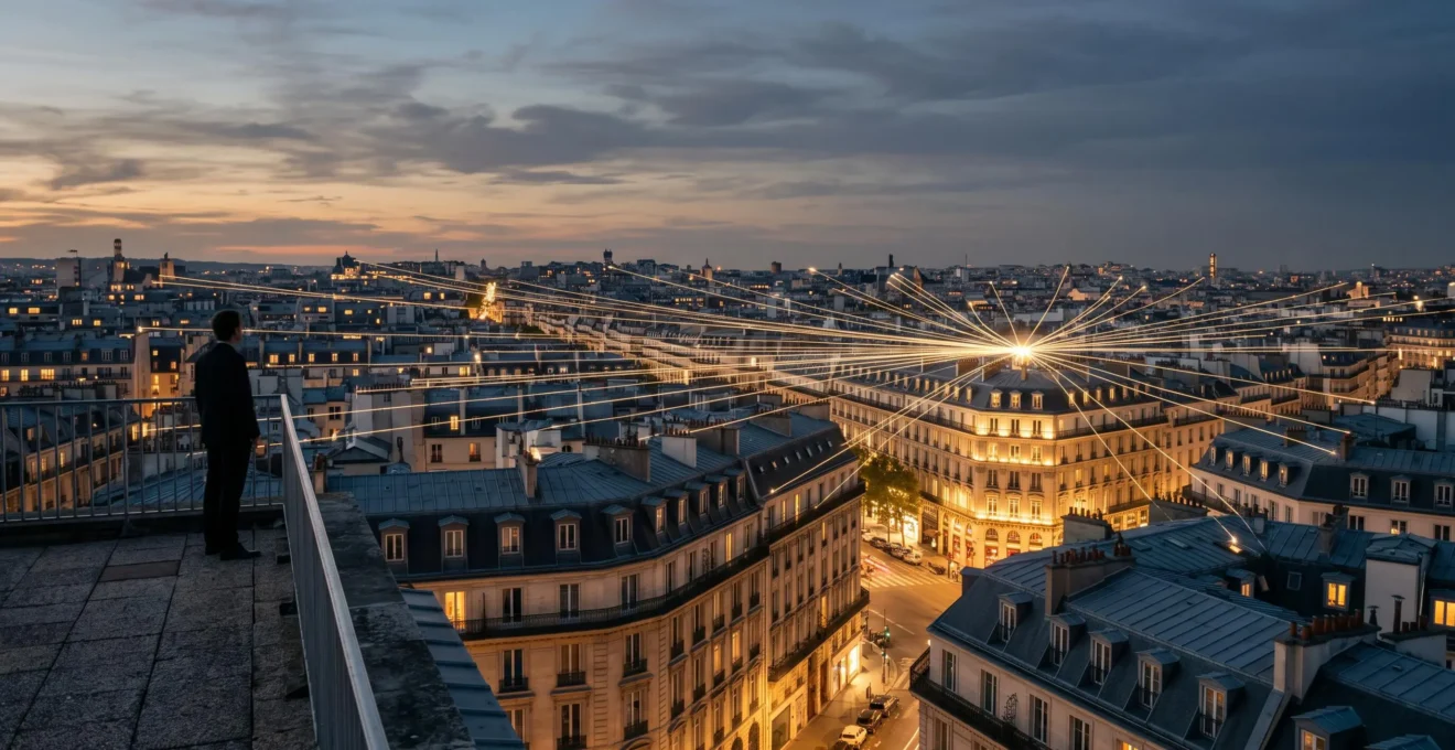Illustration symbolique d'un réseau de points de contact digitaux convergeant vers une entreprise, dans un cadre urbain français