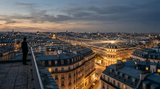 Illustration symbolique d'un réseau de points de contact digitaux convergeant vers une entreprise, dans un cadre urbain français