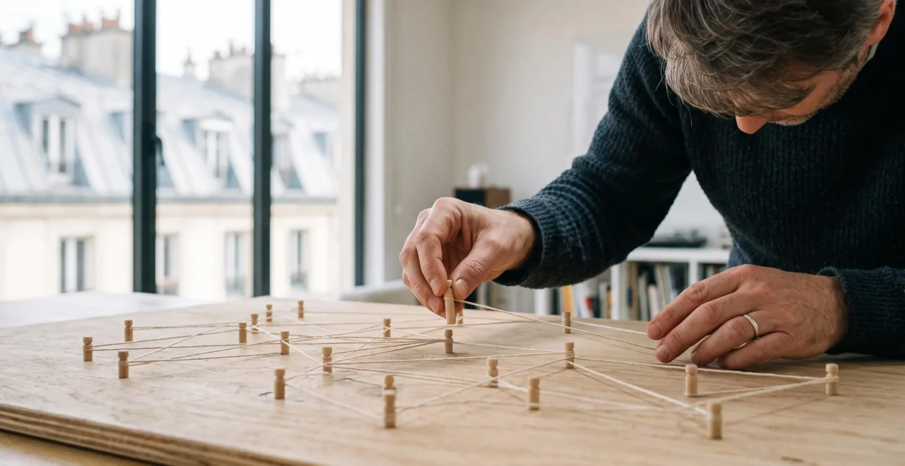 Reseau symbolique de fils lumineux reliant des batiments emblematiques francais, illustrant une strategie de backlinks naturels sans achat de liens