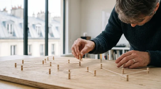 Reseau symbolique de fils lumineux reliant des batiments emblematiques francais, illustrant une strategie de backlinks naturels sans achat de liens