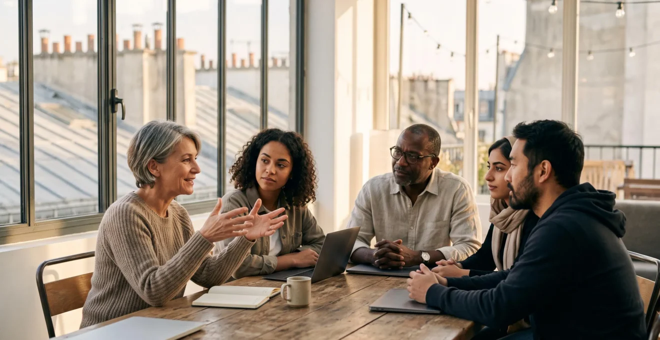 Groupe de professionnels du référencement échangeant autour d'une table dans un espace de coworking parisien, symbolisant les communautés d'experts SEO en France