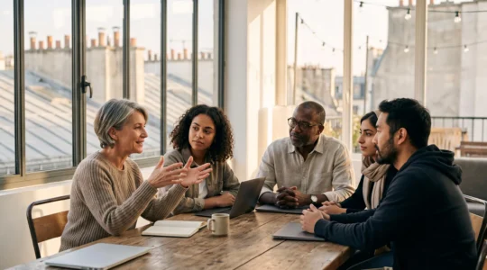 Groupe de professionnels du référencement échangeant autour d'une table dans un espace de coworking parisien, symbolisant les communautés d'experts SEO en France