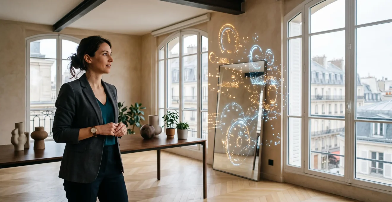 Représentation symbolique d'une tour de contrôle de données lumineuses évoquant un tableau de bord SEO piloté depuis un bureau moderne parisien