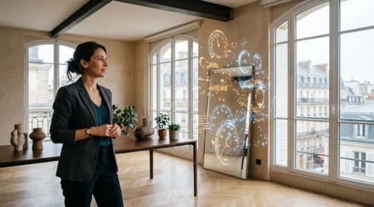 Représentation symbolique d'une tour de contrôle de données lumineuses évoquant un tableau de bord SEO piloté depuis un bureau moderne parisien