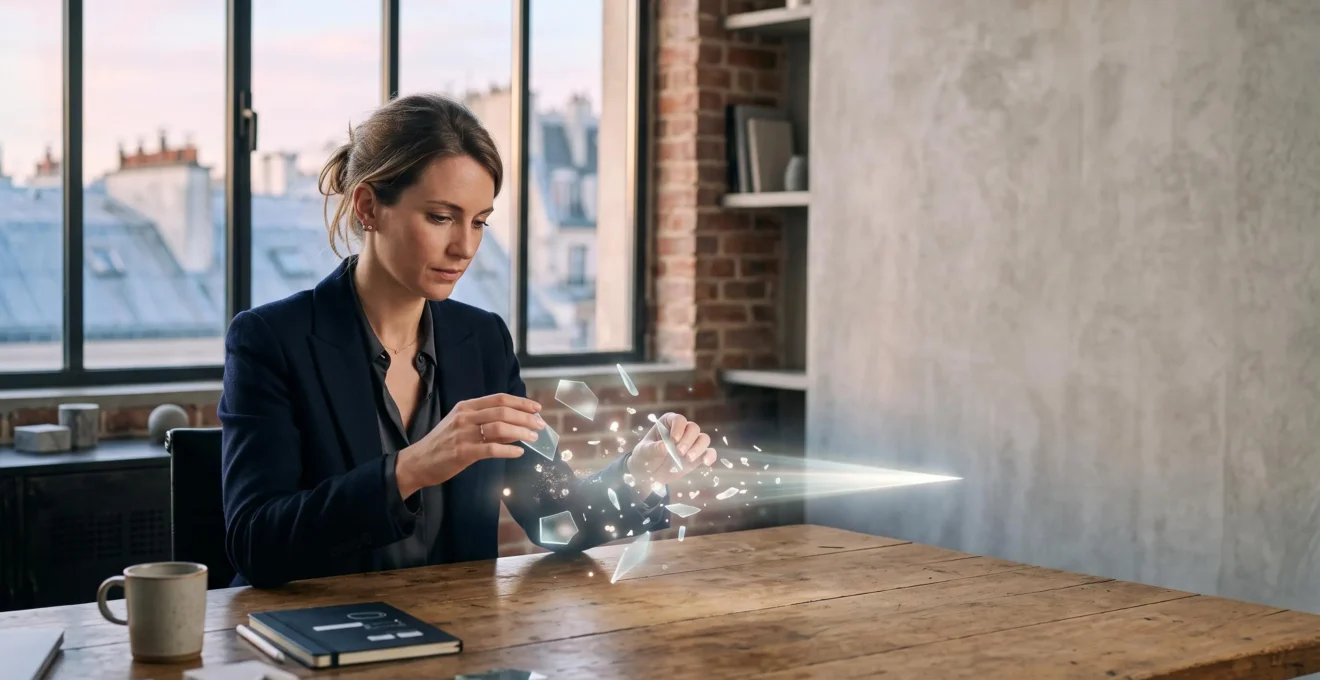 Analyste marketing français organisant des fragments de données lumineuses en une trajectoire claire depuis un bureau minimaliste avec vue sur les toits de zinc parisiens
