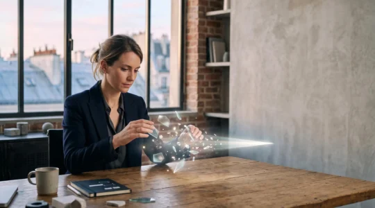 Analyste marketing français organisant des fragments de données lumineuses en une trajectoire claire depuis un bureau minimaliste avec vue sur les toits de zinc parisiens