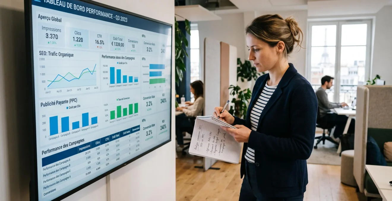 Analyste marketing debout examinant un tableau de bord de performance, prenant des notes sur les résultats SEO et campagnes publicitaires