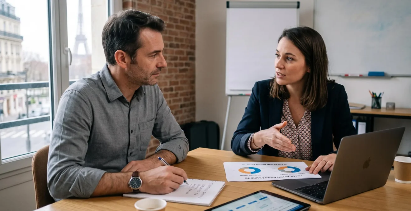 Dirigeant de PME et consultant marketing en session de consultation stratégique discutant de la répartition budgétaire