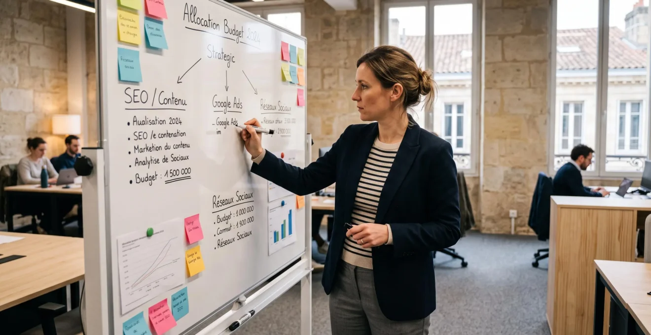 Responsable marketing planifiant la stratégie digitale sur tableau blanc dans les bureaux d'une PME bordelaise